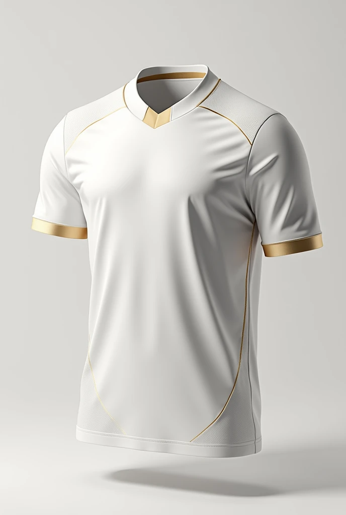 Create a sports jersey that exudes elegance through simplicity. The jersey should be primarily white with subtle golden accents, focusing on minimalistic lines and patterns. The design should be sleek, with a modern, high-end look, where the golden accents appear as delicate lines tracing the contours of the jersey. The player number should be placed discreetly on the chest and back, with a minimalist font that complements the overall design. Short sleeves in solid white complete the look.