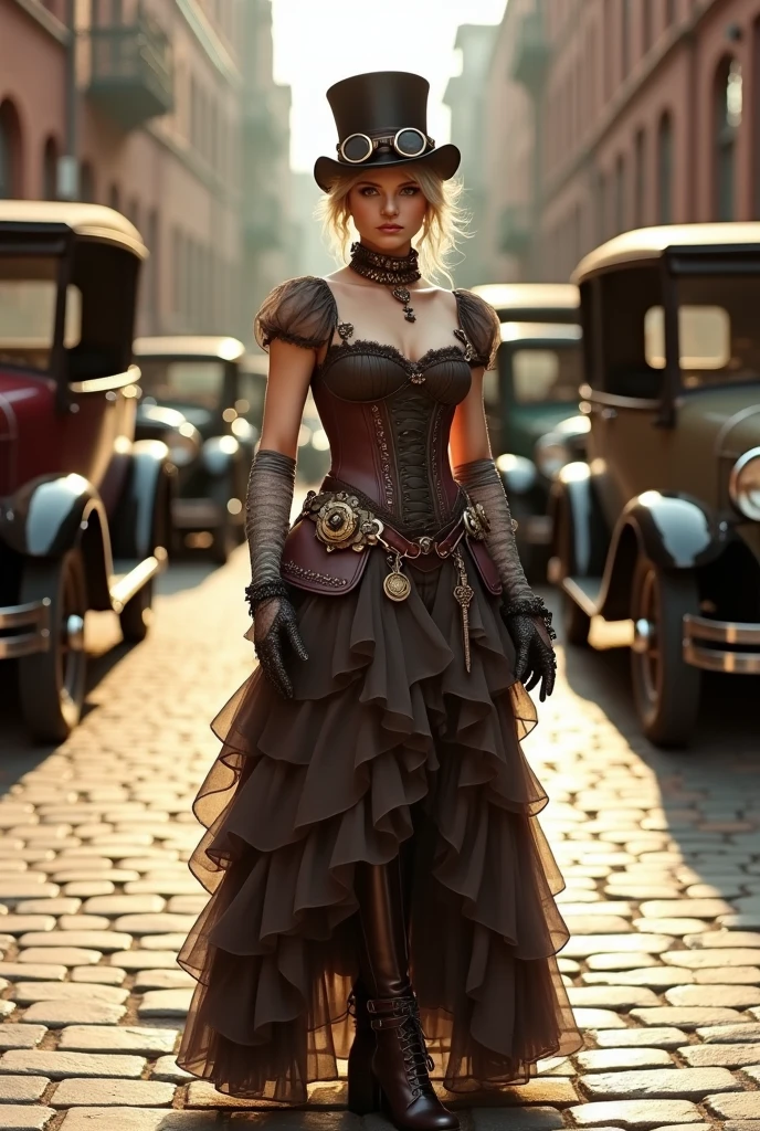"prompt": "A realistic, well-defined photograph of a 1 female model dressed in steampunk fashion, standing full-body in an old-fashioned street scene. She wears a tailored, Victorian-inspired outfit, complete with a corset, a long, layered skirt with intricate gears and metallic accents, and a top hat adorned with goggles. Her accessories include lace gloves, a leather belt with pouches, and high boots with buckles. The street around her is lined with vintage cars from the early 20th century, with cobblestone pavement and brick buildings. The warm, golden light of the late afternoon bathes the scene, casting long shadows and adding a nostalgic, timeless atmosphere. The model stands confidently, looking slightly off to the side, with the setting sun highlighting the details of her outfit and the vintage cars behind her.",
"size": "1024x1792"