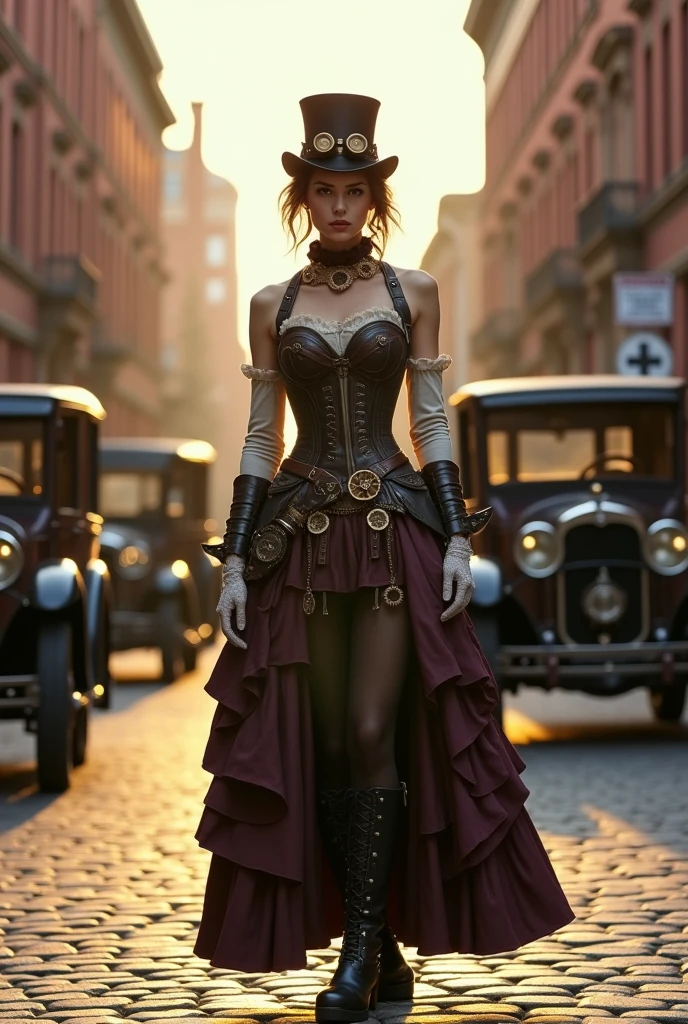 
  "prompt": "A realistic, well-defined photograph of a 1 female model dressed in steampunk fashion, standing full-body in an old-fashioned street scene. She wears a tailored, Victorian-inspired outfit, complete with a corset, a long, layered skirt with intricate gears and metallic accents, and a top hat adorned with goggles. Her accessories include lace gloves, a leather belt with pouches, and high boots with buckles. The street around her is lined with vintage cars from the early 20th century, with cobblestone pavement and brick buildings. The warm, golden light of the late afternoon bathes the scene, casting long shadows and adding a nostalgic, timeless atmosphere. The model stands confidently, looking slightly off to the side, with the setting sun highlighting the details of her outfit and the vintage cars behind her.",
  "size": "1024x1792"
