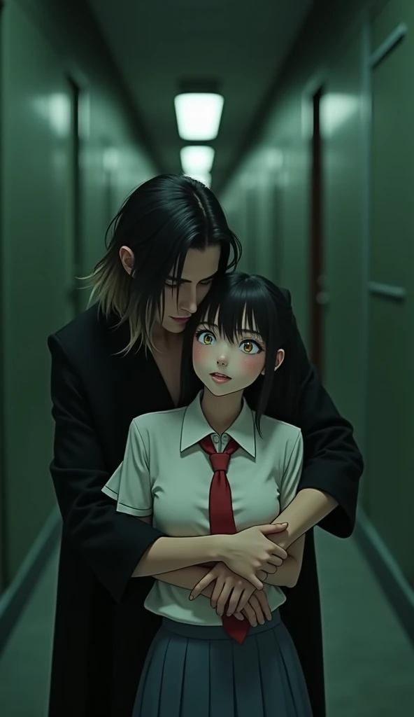 (32K:1.9, Highest quality, masterpiece, Ultra-high resolution), Perfect dynamic composition:1.3, Highly detailed skin and facial textures:1.3, Cute sexy slim Japanese schoolgirl, Tall and slim man, (Man hugging woman:1.3), Fair skin, ((Clarity:1.1)), (Man is anime「Demon slayer」Duma costume, Long silver-blonde hair, Rainbow Eyes:1.5), (The woman is wearing a uniform with a red tie:1.3, Straight black hair.:1.3, smile:0.9, A man completely charms a woman:0.9, beautiful Blue Eyes, beautiful, Clear Eyes:0.8), Sexy Face:0.4, blush:1.1, (beautifulエロティシズムを醸し出す雰囲気:0.8), Professional random camera work, Cinematic Lighting Effects, (Full Body Shot), (Too erotic), romantic, mysterious, Object of admiration, original, dramatic, artistic, Innovative, charm, Heartful, Fancy, Tilt, sense of loss, special, exciting, Extreme, sense of openness, joy, joyの表現, ((若さのcharm, 女性的なcharm))