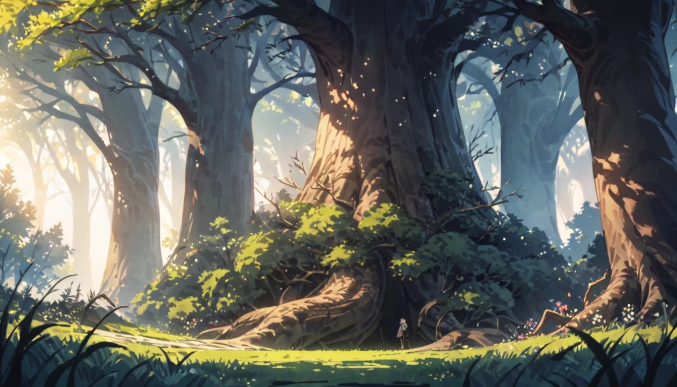 At the edge of the road stands a huge oak tree with broken branches and bark covered with old sores. The oak tree is two girths wide, with clumsy, gnarled arms and fingers, it looks angry and ugly. It stands among the smiling birches that make up the forest. Spring, sun, flowers and grass surround the oak tree, but it remains gloomy, motionless and ugly. Dead firs are visible in the distance., wide shot, from side, atmospheric perspective, perspective, 8k, 4K, highres, best quality, award winning, super detail, masterpiece