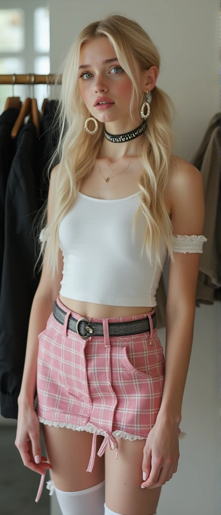 nude 1girl, sexy girl, pigtails, cute face, gorgeous, cute, pretty, pretty face, pale skin, freckles, blond hair, blue eyes, full shiny lips, big lips, thick lips, parted lips, light pink lipgloss, mascara, skinny thighs, body, , skinny, flat chest, ((skinny anorexic body)), (body heigth:140cm), big head, innocent look, young face, pink long nails, choker, hd feet and heels, large hoop earrings pink plaid micro skirt, off shoulders white tank top, white frilly tight high stockings, black patent high heels, sweaty, working at a clothing store, perfect eyes, highly detailed beautiful expressive eyes, detailed eyes, 35mm photograph, film, bokeh, professional, 4k, highly detailed dynamic lighting, photorealistic, 8k, raw, rich, intricate details,