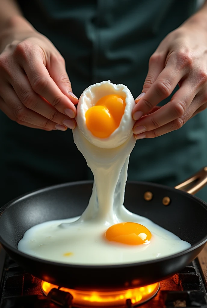 a hyper-realistic and ultra-detailed image depicting a surreal scene of two hands cracking an egg on a frying pan. Egg yolk and egg whites form a human silhouette as they flow into the pan. Le jaune forme la tête et deux parties circulaires dans la poitrine et l'abdomen, while the egg whites appear like crystal clear water, gracefully shaping the arms, les jambes et les contours fluides du corps. Egg whites like water create a dynamic and fluid appearance, comme si la silhouette était faite de liquide. The pan is placed on a realistic flame, the firelight casting warm reflections on the aquatic silhouette and the pan. The background is slightly blurred to focus on the intricate details of the egg yolk, egg whites as clear as water, and the textures of eggshells, hands and pan. The scene combines elements of surrealism and high realism, capturing the translucency and fluidity of water-like egg whites in stunning detail.