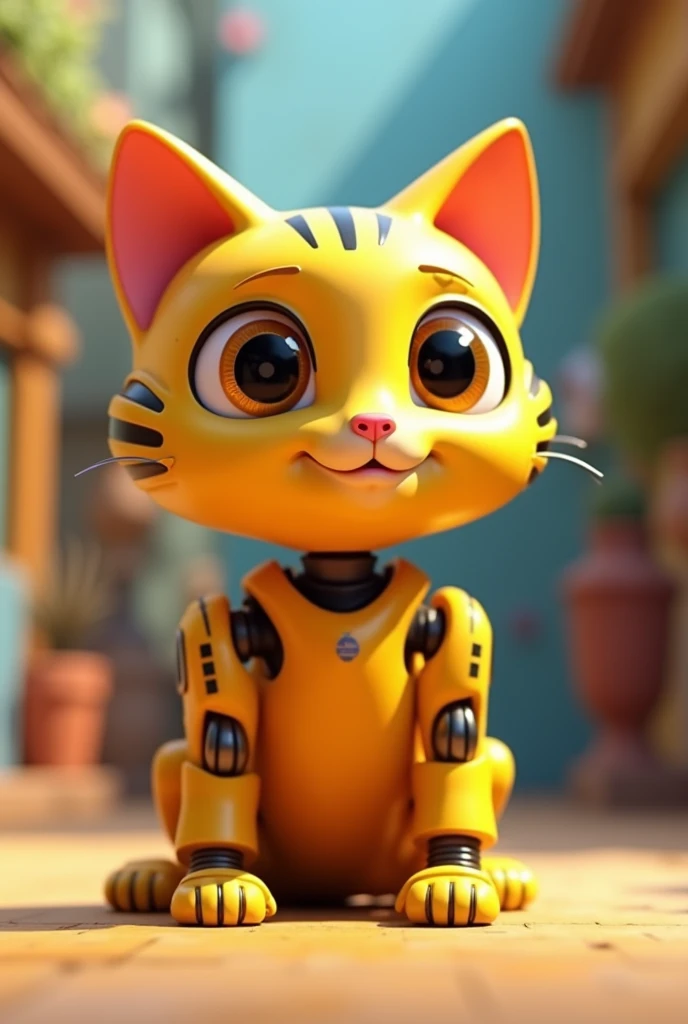 3d pixar animation style of a yellow robot cat with black stripes on its back