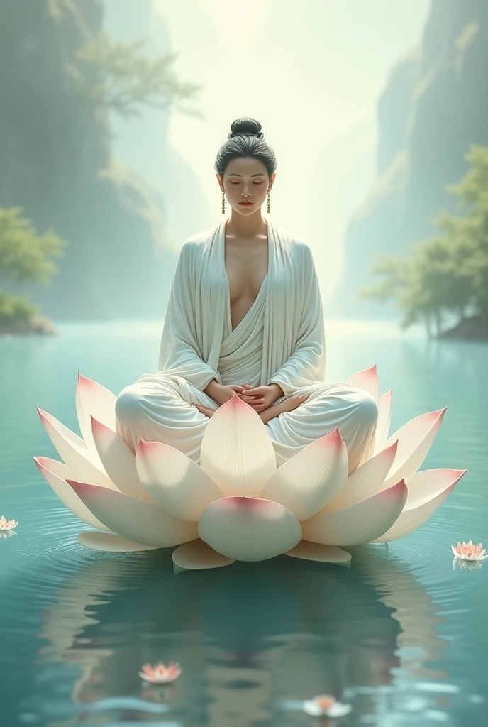 image of a Bodhisattva wearing white robes sitting on a lotus flower.