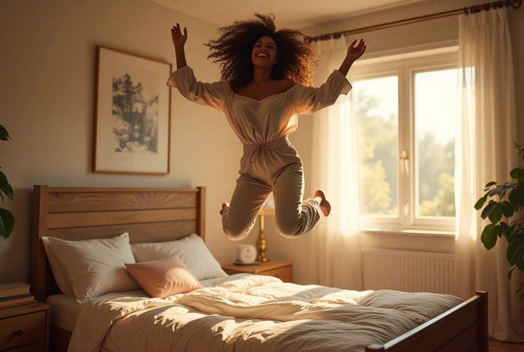 (Photorealism:1.3), Beautiful woman,Jump on the bed, Wearing a loose off-the-shoulder top, Pajamas, Long curly hair, indoors, Soft lighting, Detailed background in the background，In the center，Michael Bay Style，insane detailed，HD，Concept Art，The art of math，Energetic，（The most beautiful art in the world：1.2），（V0id3nergy：1.3）, A window with sunshine, Comfortable room, relaxed poses, Practical, Intricate details, Warm colors,