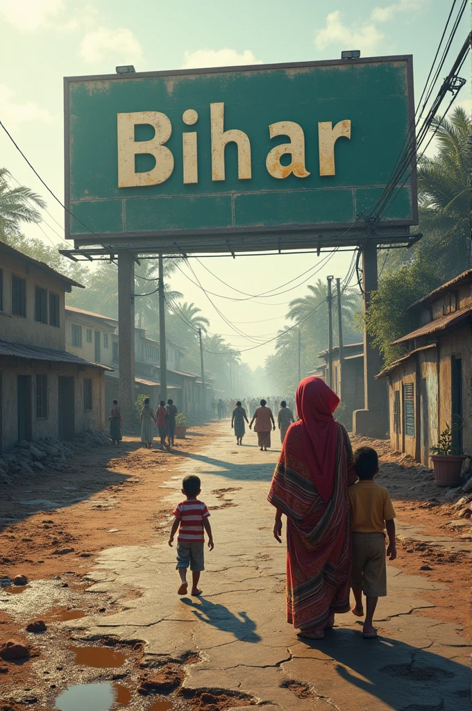 crowded and cracked indian road with small potholes with mud in it and a poor lady with her kids begging along side the road and a big bihar written on a bill board 