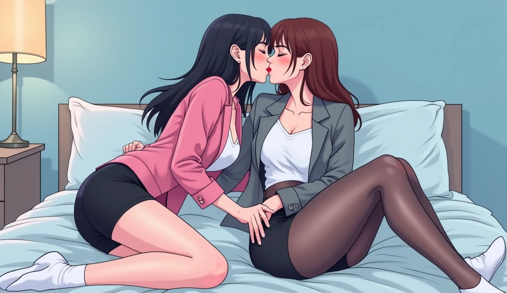 Two girls, long black hairs, yuri, lesbian.
The first girl wear a pink suit jacket, white shirt, black pencil skirt, black underpants, black tights, white socks.
The second girl wore a grey suit jacket, white shirt, black pencil skirt, black underpants, black tights, white socks.
french kiss, lesbian kiss, lying on the bed, straddle, insert one hand inside skirt and touch the black underpants, insert finger into pussy, closed eyes, light blue bedroom, novel cartoon, 4K, HD