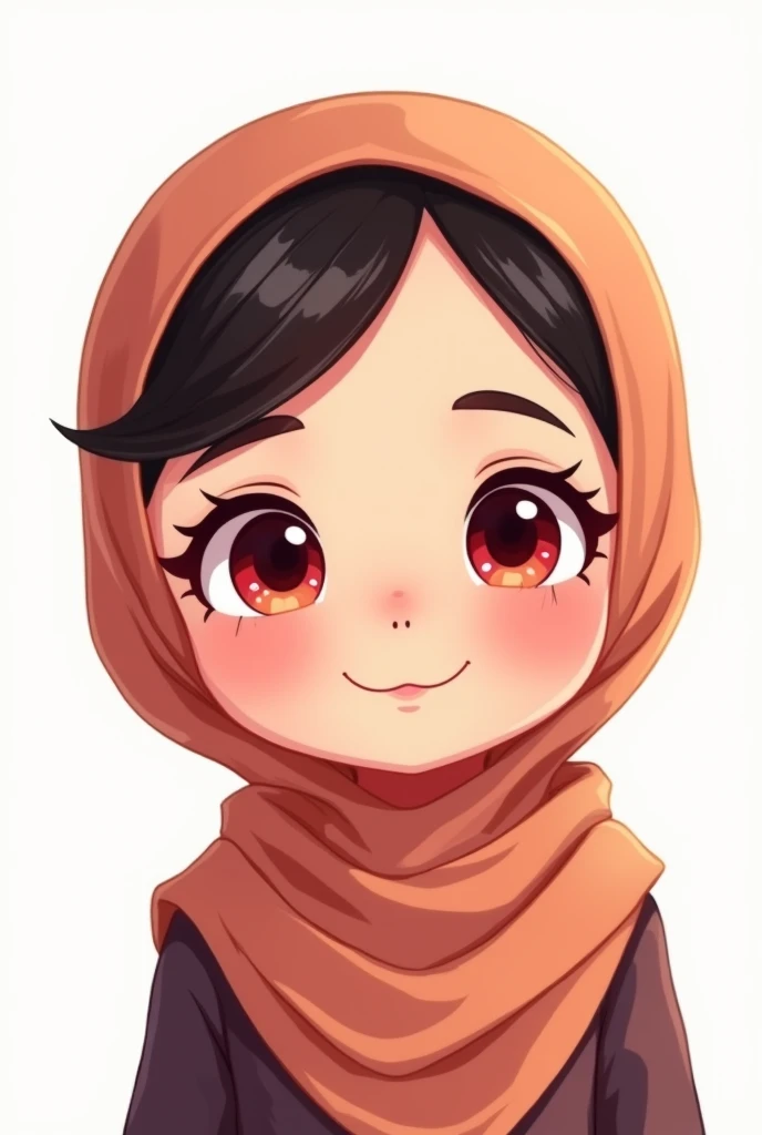 Chibi, Flat color, Single, Full body, cute, (Highest quality), Black hair red eyes, Bob cut, (hijab للمسلمين)shoulder hair, beautiful eyes, Big smile, Bright and curious personality, Mood Creators, cheery, Open mouth, (hijab), White background, (Masterpiece)