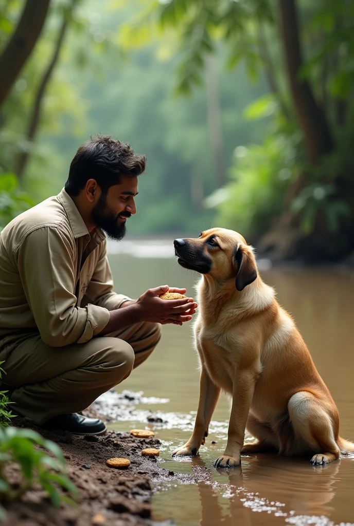 A Indian rescue man feed biscuits to an Indian stray dog on the jungle muddy river side