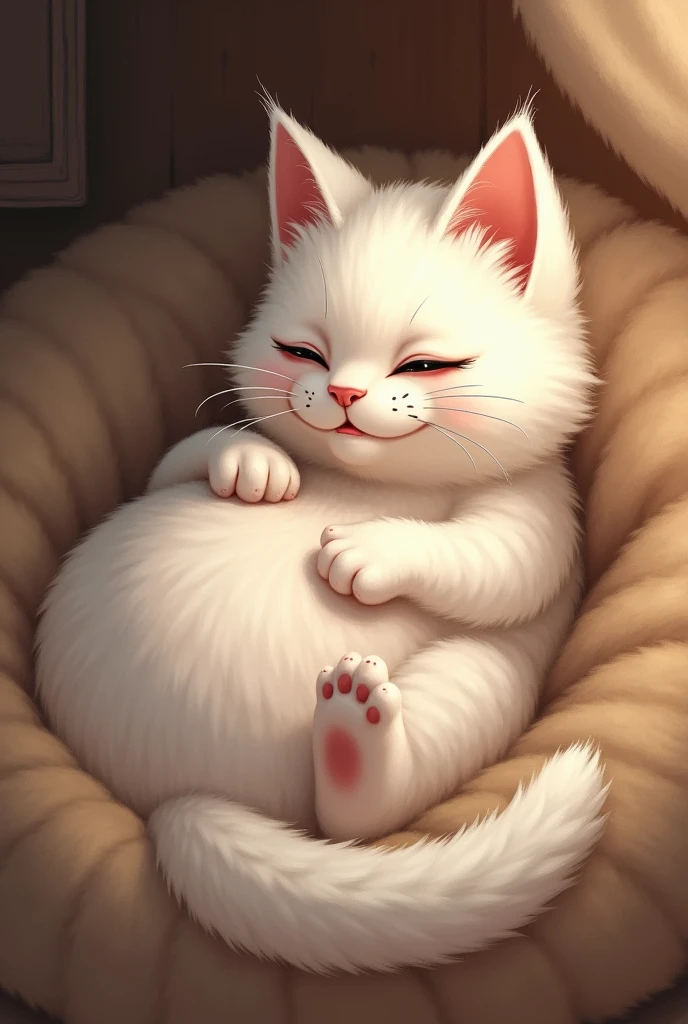 A white lady cat with soft, fluffy fur, lying on her side in a warm, cozy spot. Her eyes are slightly squinted, and her face shows a mixture of pain and determination as she prepares to give birth to a baby cat. Her body is tense, and she is focused on the task ahead.