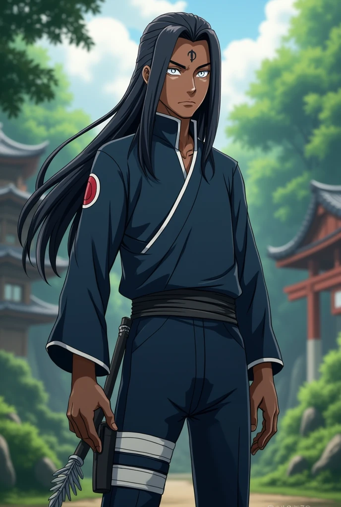 Dark skin, really long hair, byakugan white eyes, young, , Genin, Hyuga. male