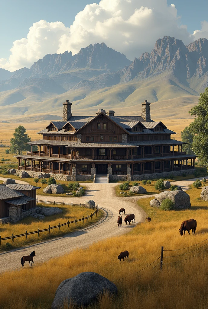Make a large house inspired by John Dutton's house and a large farm inspired by John Dutton's with barns and animals and a large corral
