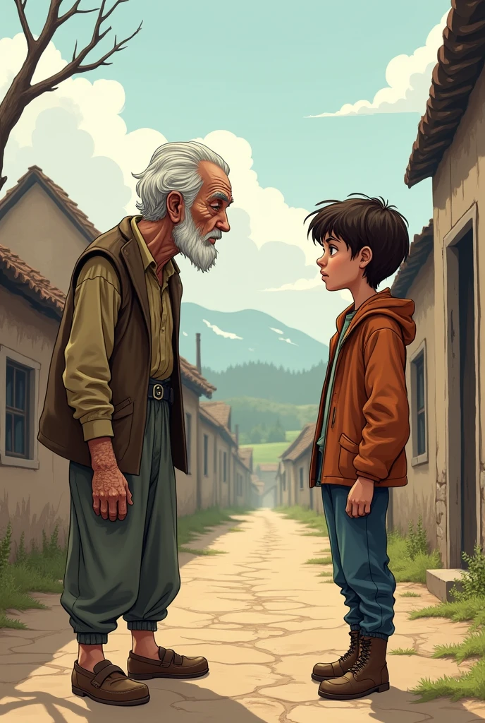 An elderly peasant and a young rebel in a rural town talking about how war has taken everything from them in a cartoon