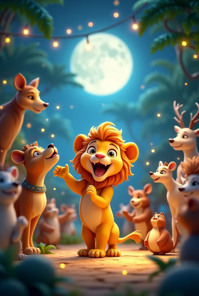 Leo and the animals celebrating under the moonlight.
Leo is a small 3D golden-maned lion, ideal for a children&#39;s story 