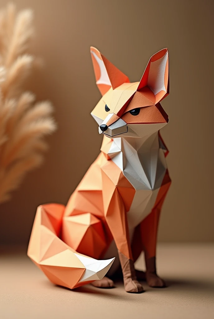 a detailed origami fox, solo, sitting, realistic, photorealistic, 8K, high resolution, intricate paper folds, sharp focus, natural lighting, subtle ambient occlusion, warm color tones, muted palette, elegant composition, delicate features, fluffy tail, thoughtful expression