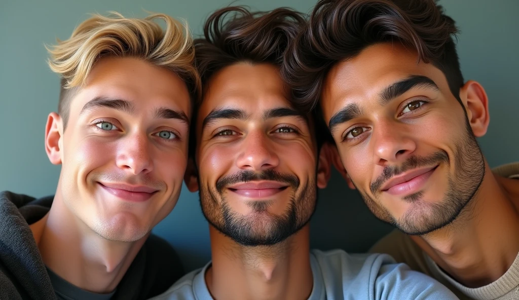 (photorealism:1.2), no beard, 1 young German guy with blond hair and ice blue eyes with a height of 6'5, another young Russian guy with brown eyes and brown hair with a height of 6'1, an young Indian tan guy with brown eyes with a height of 6'2. All teen guys taking a selfie together, fully realistic, no blur, detailed.