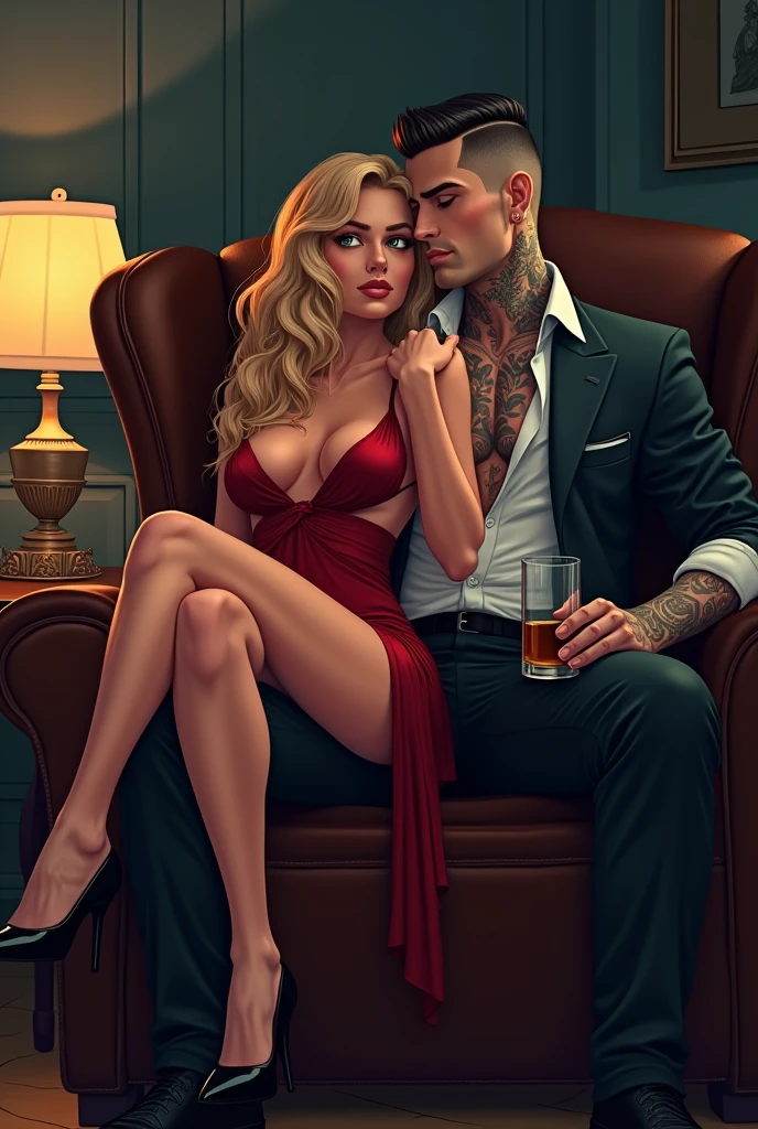 Man sitting in a leather armchair in a night room holding a glass of whiskey. he has tattoos on his neck and arm, his hair is shaved in a business style he has grey green eyes and is wearing an elegant designer suit and his white dress shirt has three buttons open revealing his tattooed chest. On top of him is a woman in a short, sexy, red nightgown. She is a blonde woman with a magnificent body and wears black heels., the two are almost kissing in a sensual way ( the woman has no tattoos her body is clean (Carton image