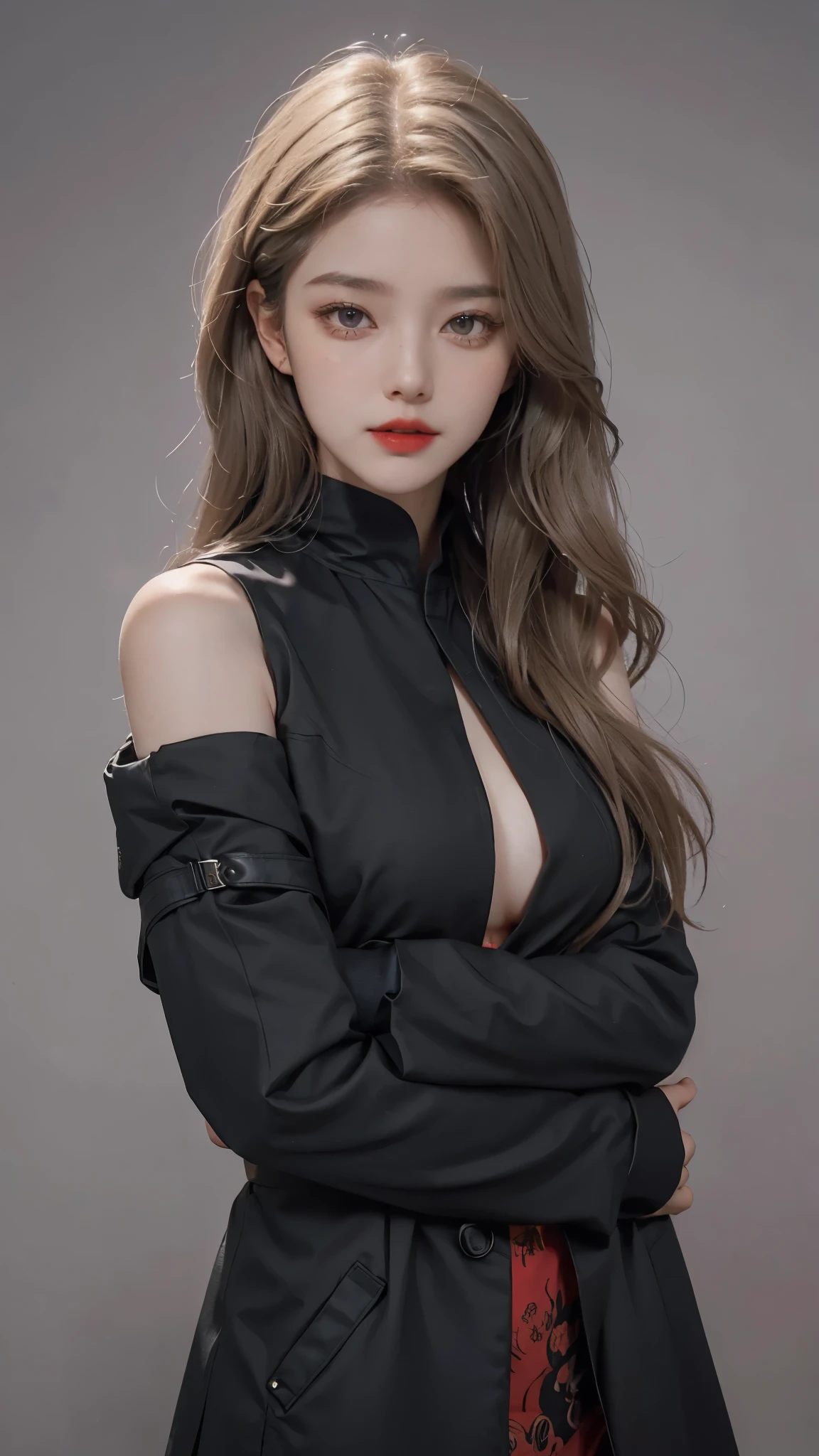 Girl wearing, luxury black coat, shoulder length hair, wavy hair, glowing skin, star in eye, red lips, grey background, cute poses , upper body, light blonde hair.