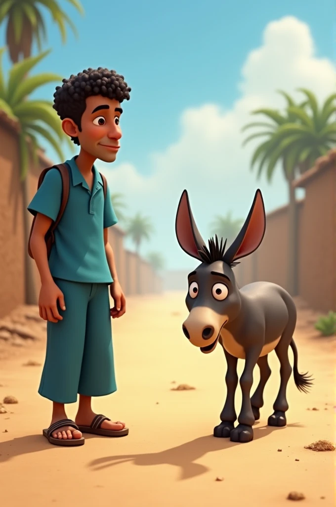 Washerman is a male, 40 years old with dark brown eyes, curly hair. He looks indifferent, wearing a blue-themed shirt and pants with brown sandals, watching as his donkey struggles to walk. In the background, a dusty village road with sparse trees. The donkey appears weak and frail, stumbling as it walks. Pixar 3D style.