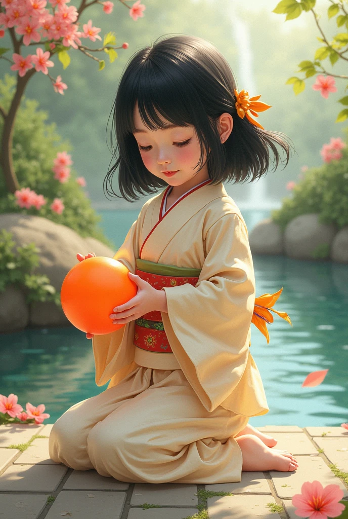 A japnese girl playing with ball