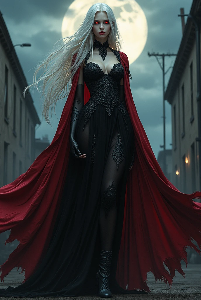 fantasy art, gothic art, (masterpiece:1.5), full body best details, highly detailed, best quality, Glowing Red, highres, full body portrait of a vampire, elf (Masterpiece, best quality: 1.6), ultra feminine, wizard, (intricate details, Masterpiece, best quality: 1.5) with a long curvy hair, light color hair, (red1.3) eyes, (fantasy art, Masterpiece, best quality), ((beautiful delicate face)), Ultra Detailed Face (intricate details, fantasy art, Masterpiece, best quality: 1.5), [[vampiric fangs 1.5]] (red cloak: 1.3) , flowing cloak (intricate details, fantasy art, Masterpiece, best quality: 1.3), wearing an intricate (black: 1.2) dress (intricate details, fantasy art, Masterpiece, best quality: 1.5), high heeled boots, urban background (intense details, beat details), fantasy, at night light, natural ,moon light, clouds, gothic atmosphere, soft light, dynamic light, [[anatomically correct]], high details, best quality, 8k, [ultra detailed], masterpiece, best quality, (extremely detailed), dynamic angle