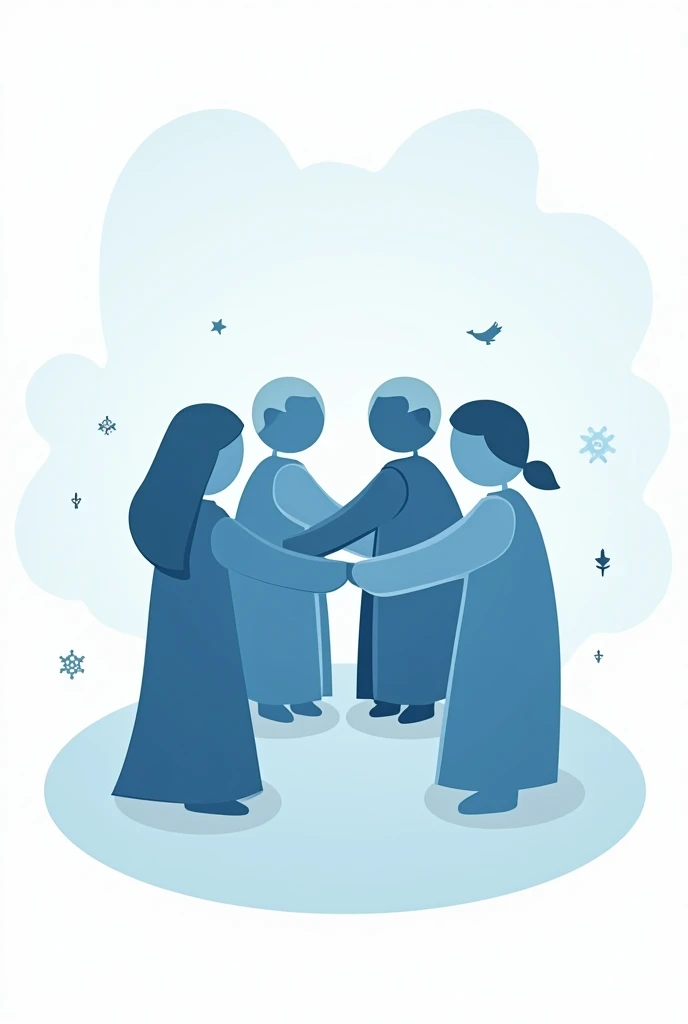 Create a high-quality image featuring Slate Blue icons or illustrations representing social and cultural aspects like community and diversity on a transparent background. A people of group represents unity as four religion muslim,buddhists,hindus,christians.