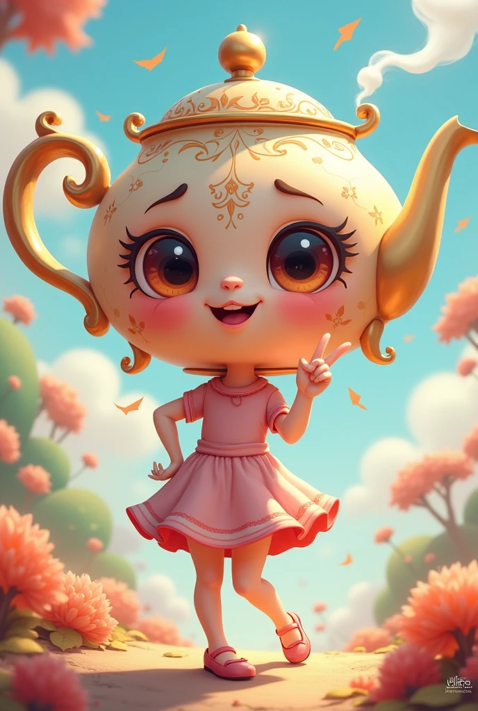 Cute girl with teapot head, fictional, posing with peace sign, Cartoon style