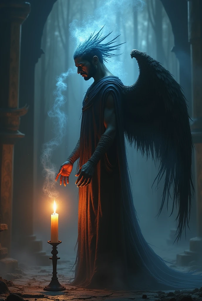 The shaman has three arms and a wing from behind his shoulder, his breath lights a candle