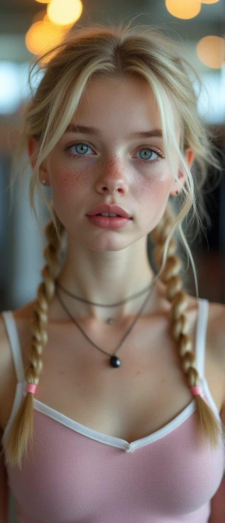 nude 1girl, sexy girl, pigtails, cute face, gorgeous, cute, pretty, pretty face, pale skin, freckles, blond hair, blue eyes, full shiny lips, big lips, thick lips, parted lips, light pink lipgloss, mascara, skinny thighs, body, , skinny, flat chest, ((skinny anorexic body)), (body heigth:140cm), big head, innocent look, young face, pink long nails, choker, hd feet and heels, large hoop earrings pink plaid micro skirt, off shoulders white tank top, white frilly tight high stockings, black patent high heels, sweaty, working at a clothing store, perfect eyes, highly detailed beautiful expressive eyes, detailed eyes, 35mm photograph, film, bokeh, professional, 4k, highly detailed dynamic lighting, photorealistic, 8k, raw, rich, intricate details,