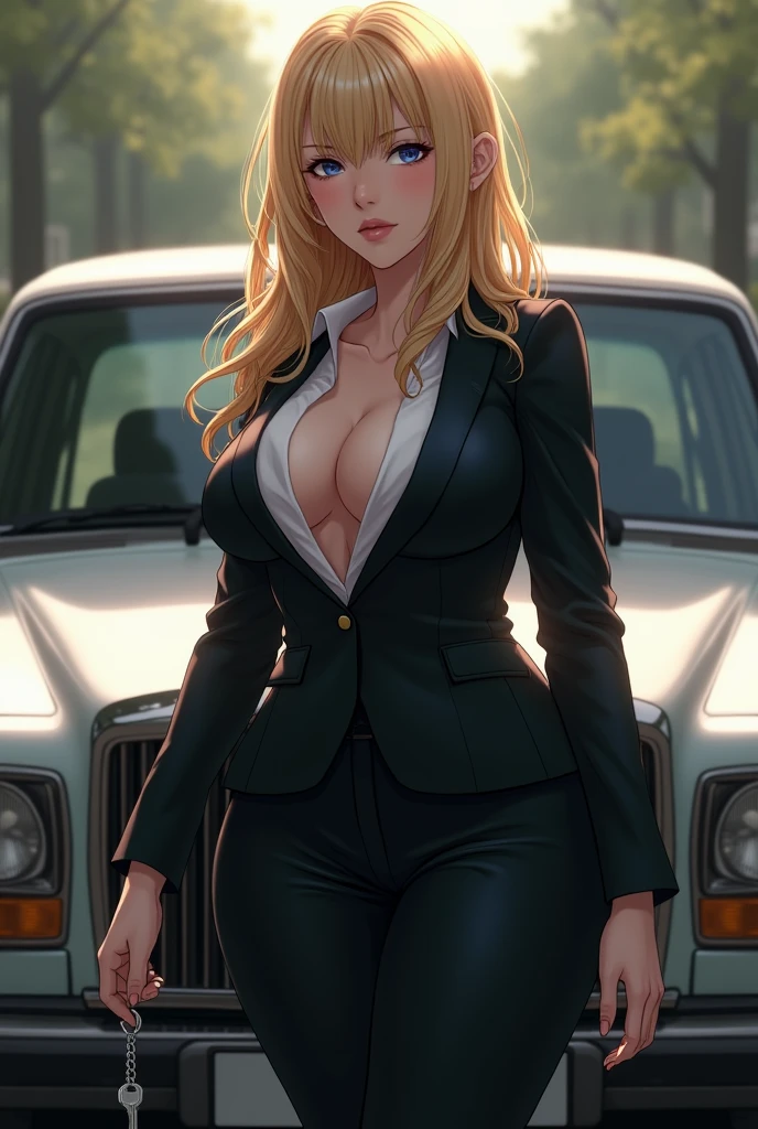  2 sensualizing, with medium hair with blonde highlights and bangs , with 70 kilos distributed throughout the body, with a slightly big belly , thighs and arms a little fuller , with a small sign in the middle of the forehead , in teacher&#39;s formal clothes, showing her standing with a key and a car behind her.