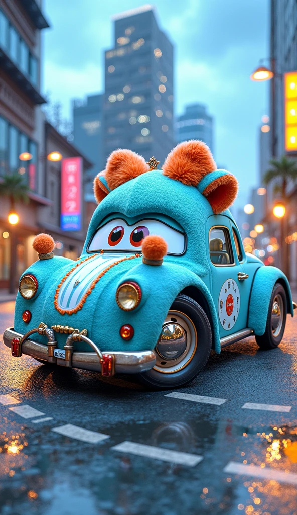 create image 3D Car with Cat's Doll skin theme, cute looked with blue-orange fur, the texture of fur is very smooth like cake, at urban side, vibrant color, shooting in high dynamic range, ultra-realistic textures, deep immersion, wide angle lens effect, ultra high details, bright colors, full body in frame, no blurring.