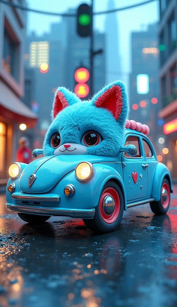 create image 3D Car with Cat's Doll skin theme, cute looked with blue-orange fur, the texture of fur is very smooth like cake, at urban side, vibrant color, shooting in high dynamic range, ultra-realistic textures, deep immersion, wide angle lens effect, ultra high details, bright colors, full body in frame, no blurring.