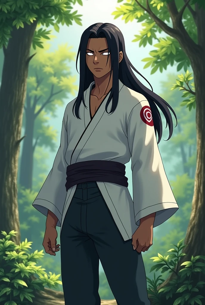 Dark skin, really long hair, byakugan white eyes, young, , Genin, Hyuga. male,