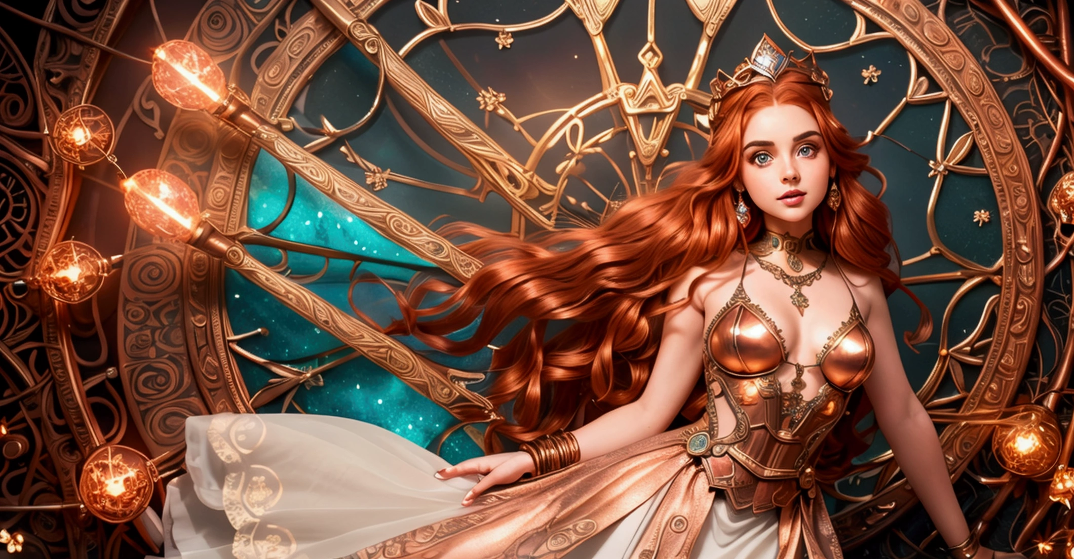 (masterpiece, top quality, best quality, official art, beautiful and aesthetic:1.2), (hermione granger from harry potter series with her magic wand, red and gold design, extreme detailed,(fractal art:1.3),colorful,highest detailed