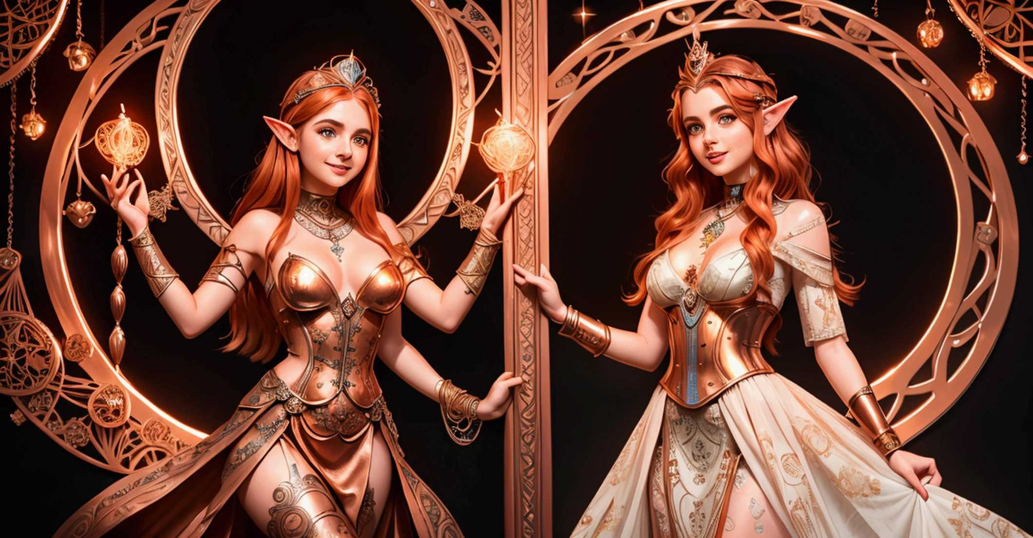Steampunk Inspired Elven Princess. Copper Wire Necklaces & Bangles. Crown Of Fine Copper Wire. Copper Coloured Tatoos Cover Her Face And Body Intricate & Beautiful Designs. Hands On Hips. Ember Colored Eyes. Pure White Dress, Hemmed With Copper, Covered In Copper Lace & Filligree. Cppper Designs Cover The Skirt In A Kaleidoscope Of Copper Designs. Background Is Forrest. A Blend Of Ariel Winter & Alison Brie, Symmetrical Face Exudes Elegance &Grace. Cozy, Romantic Lighting. Cheerful Smile. Copper Hair That Shimmers And Sparkles In The Light. Hourglass Figure.