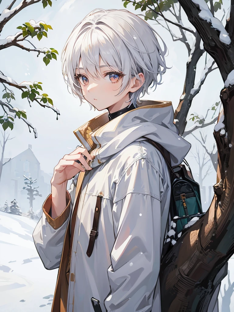 1boy, short white hair, brown eyes, detailed eyes, tree background, snow, simple clothes