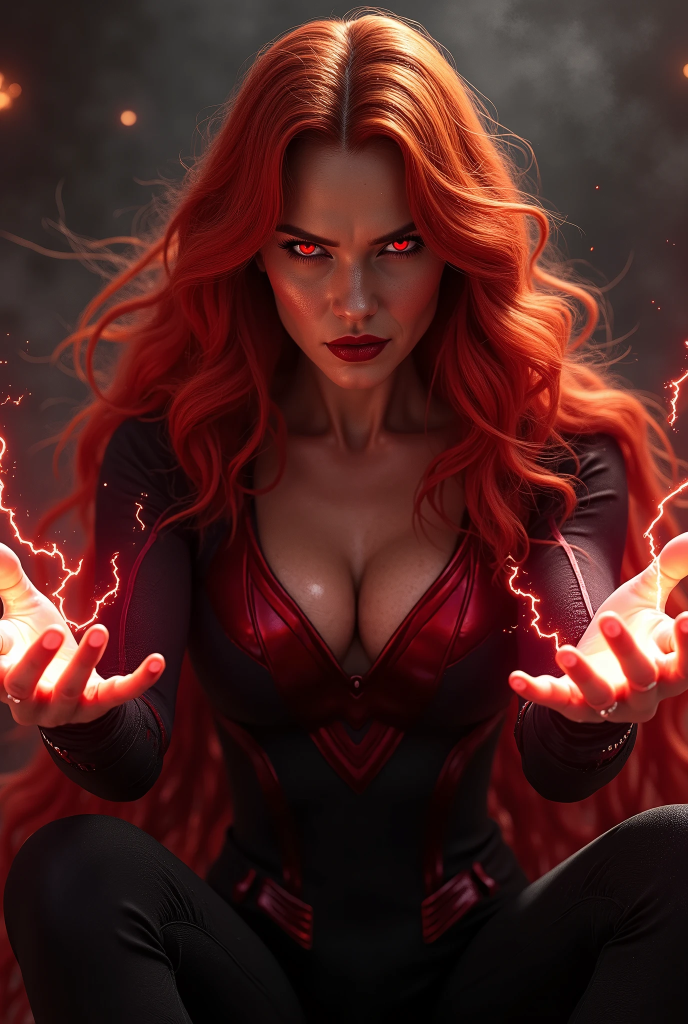 Wanda Maximoff, Red hair, , Marvel, Scarlet witch, Red orange Hair. Evil looking, high realism, wanda Vision, red eys, glowing hands, dark background. telekinese, sitting, hot