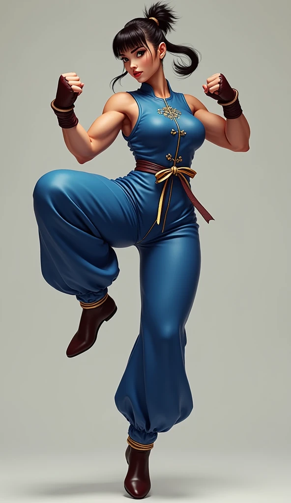 Show entire body, feet in view, Chun-li, blue classic chin-li outfit with dark brown pantyhose, karate kick