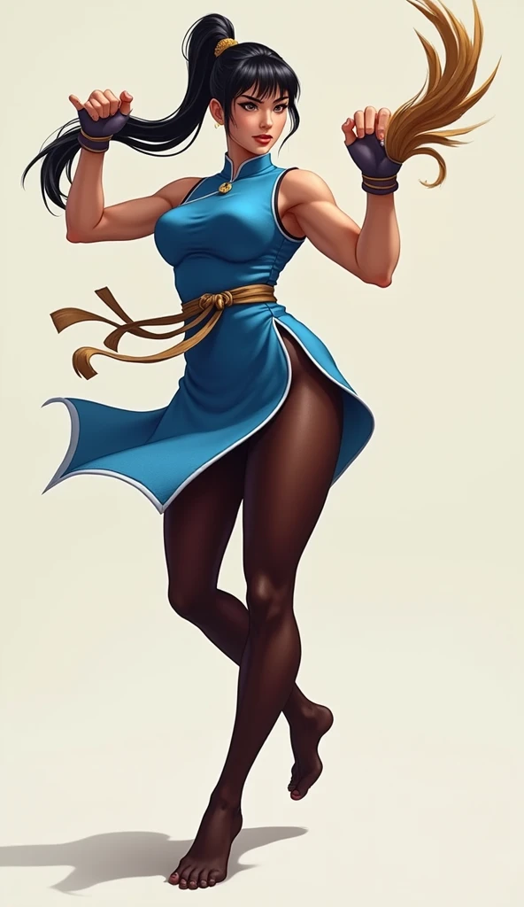 Show entire body, feet in view, Chun-li, blue classic chin-li outfit with dark brown pantyhose, karate kick