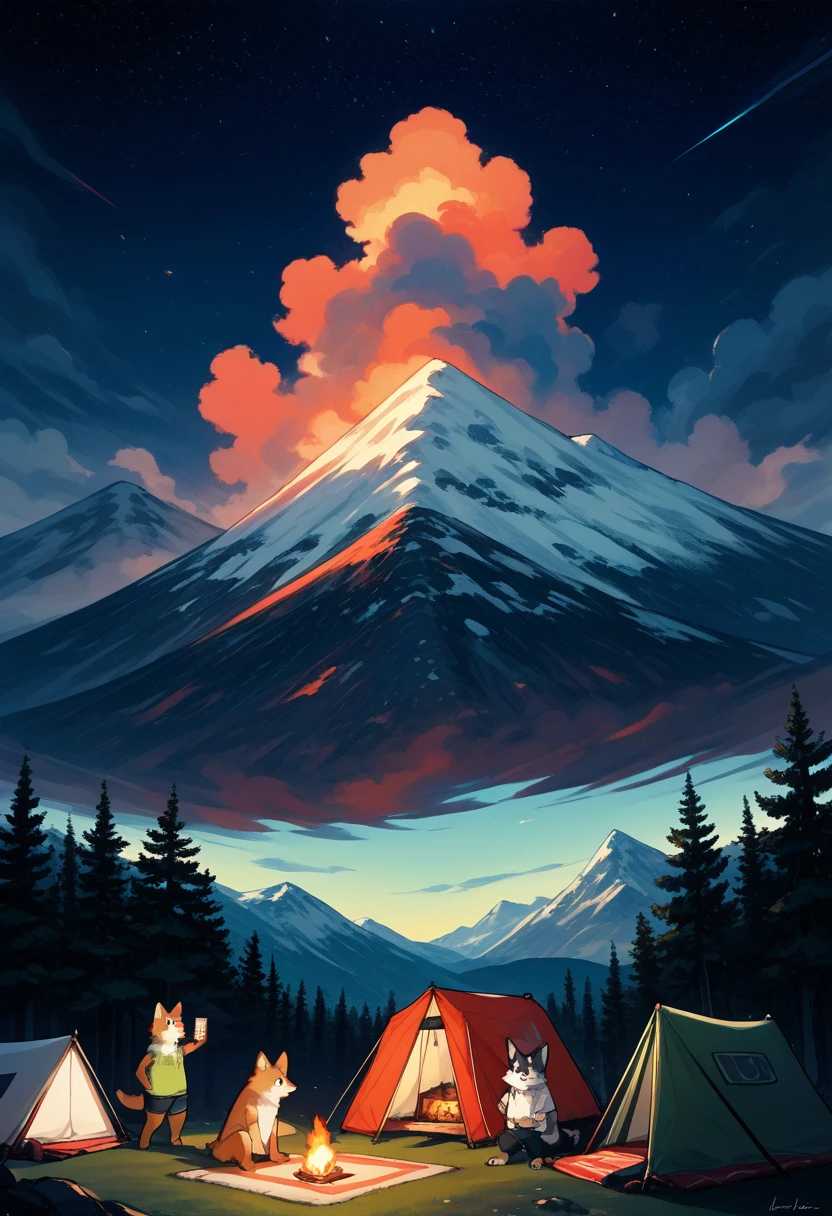 top quality, best quality, High-quality illustrations, masterpiece, super high resolution, detailed background, detailed background, Campsite in the mountains, group shot, 1boy, 1girl, camp-fire, night sky, absurdres, perfect anatomy(Photo of family trip)(kemono, furry anthro)selfie,