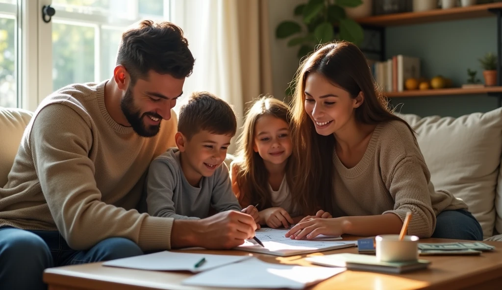 Create a hyper-realistic image of a family gathered in a cozy, naturally lit living room, discussing finances in a relaxed manner. They are sitting on a comfortable sofa, with a coffee table full of notebooks, Pencil, and some coins and notes. There is an atmosphere of unity and complicity, with smiles and supportive looks, while sharing tips on how to save money, planning for the future and taking care of family money. The image should evoke feelings of closeness, safety and the importance of discussing finances in a family context, showing that this can be a natural part of everyday life.