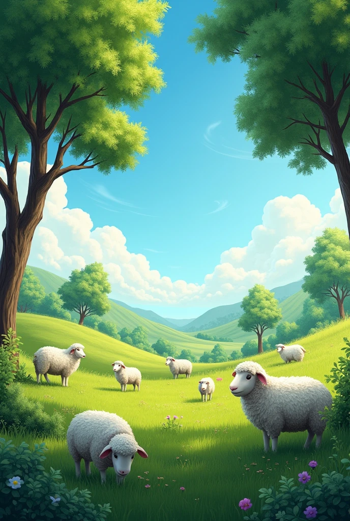 GREEN NATURE BACKGROUND WITH TREES AND SHEEP