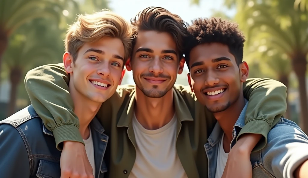 no beard, 1 young German guy with blond hair and ice blue eyes with a height of 6'5, another young Russian guy with brown eyes and brown hair with a height of 6'1, an young Indian tan guy with brown eyes with a height of 6'2. All teen guys taking a selfie together, fully realistic, no blur, detailed.
