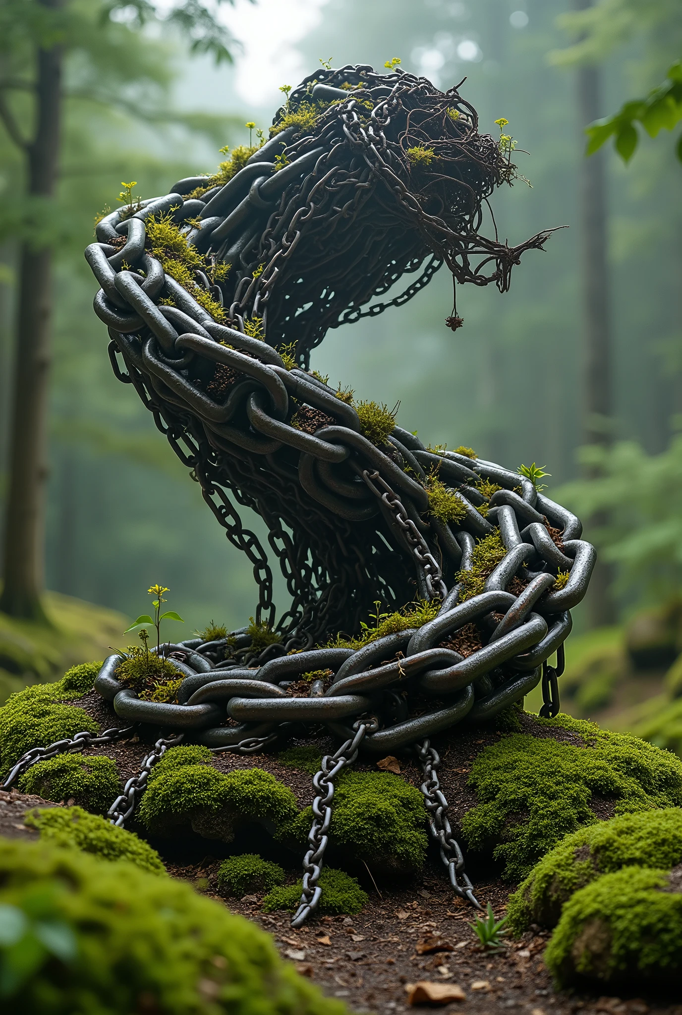 Chain Art、Surreal、Chain sculpture in the forest、Chain sculpture carved into stone、Sculpture that defies the laws of physics、Wabi-sabi art、Moss-covered sculpture、Oparts