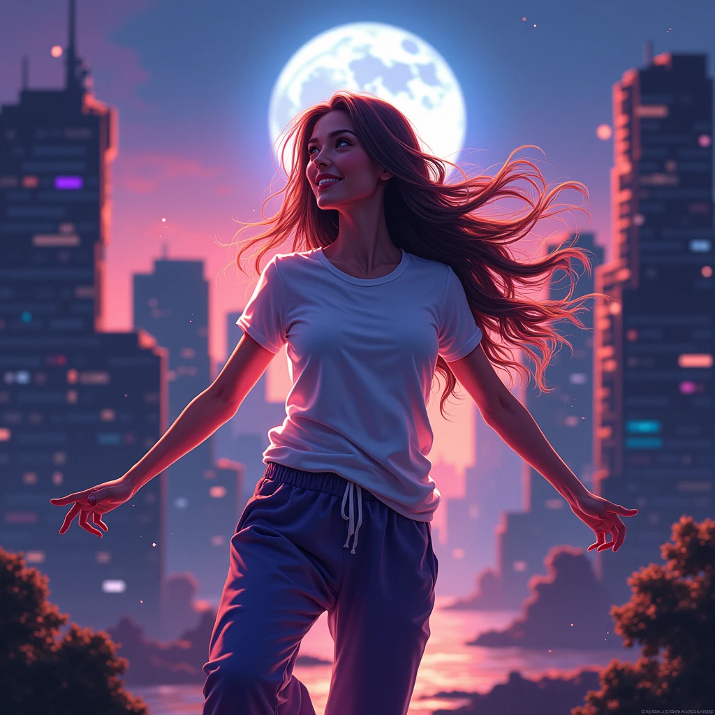 A woman wearing a t-shirt and sweatpants, Long Hair, Dancing, City of night, Beautiful night view as background, Spotlight, Beautiful lighting, Vibrant, full moon