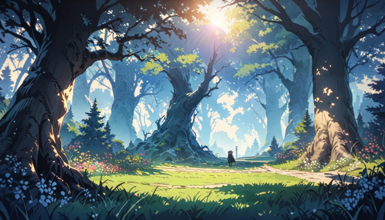 anime aestetic, anime landscape, At the edge of the road stands a huge oak tree with broken branches and bark covered with old sores. The oak tree is two girths wide, with clumsy, gnarled arms and fingers, it looks angry and ugly. It stands among the smiling birches that make up the forest. Spring, sun, flowers and grass surround the oak tree, but it remains gloomy, motionless and ugly. Dead firs are visible in the distance., wide shot, from side, atmospheric perspective, perspective, 8k, 4K, highres, best quality, award winning, super detail, masterpiece