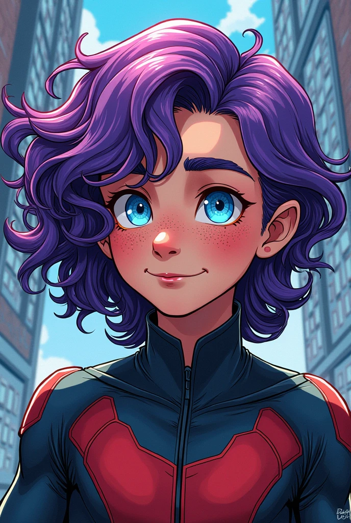 Marvel Comic Panel Spiderman, age boy, long curly hair, purple hair color, light blue eyes, with freckles