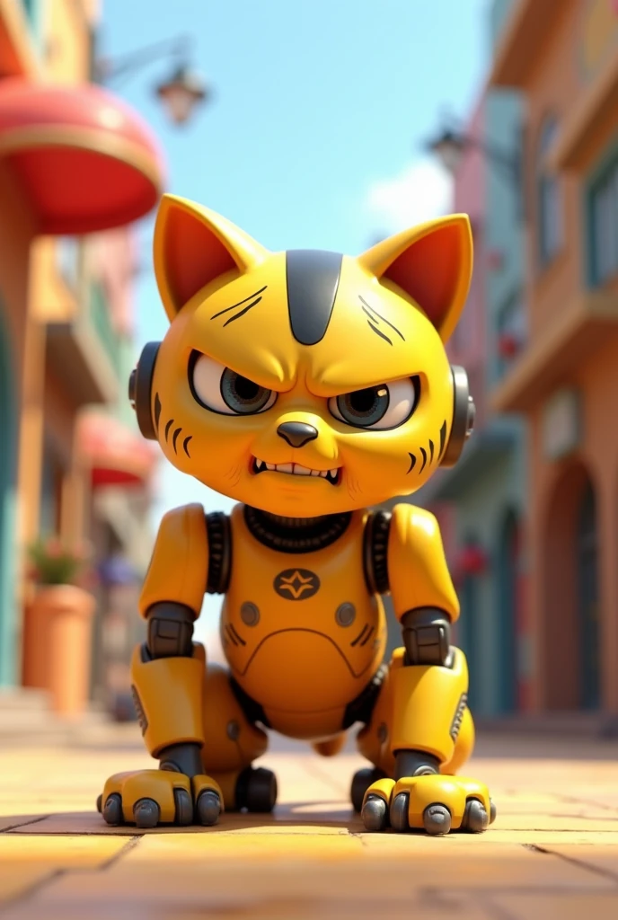 3d pixar animation style of a yellow robot cat with black stripes on its back with anger expression on its face