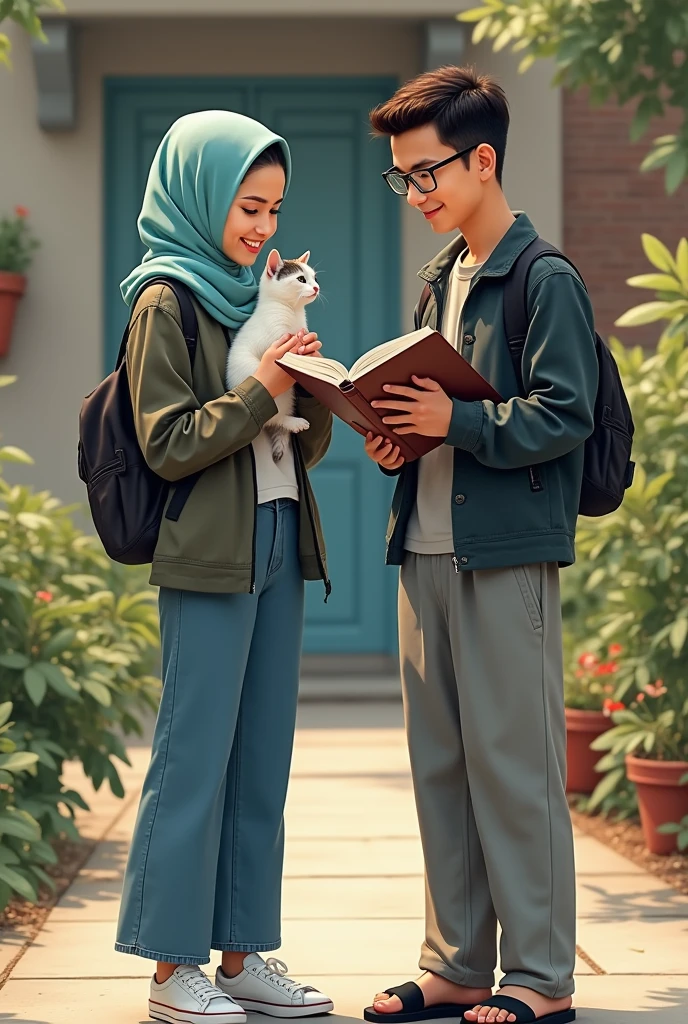 Une fille avec hidjab stylé bleue ciel aux yeux vert miel, avec une veste et une jean et des baskets, prend un chaton blanc et gris et ragarde son amoureux.
Son amoureux a une tête rectangle, cheveux rasés et porte des lunettes carrées avec des SANDALES noires, un pantalon large gris et une chemise et il lit un livre sur l'électronique
Je précise il porte une CHEMISE chemise
il est débout avec des sandales